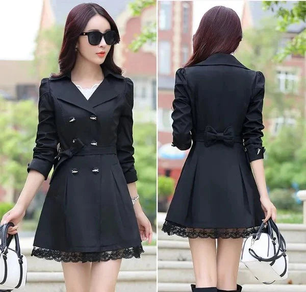 Black Women's Lace Trim Trench Coat Style Jacket