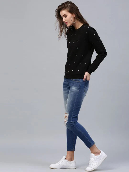 Black Pearls Beaded Sweatshirt For Women