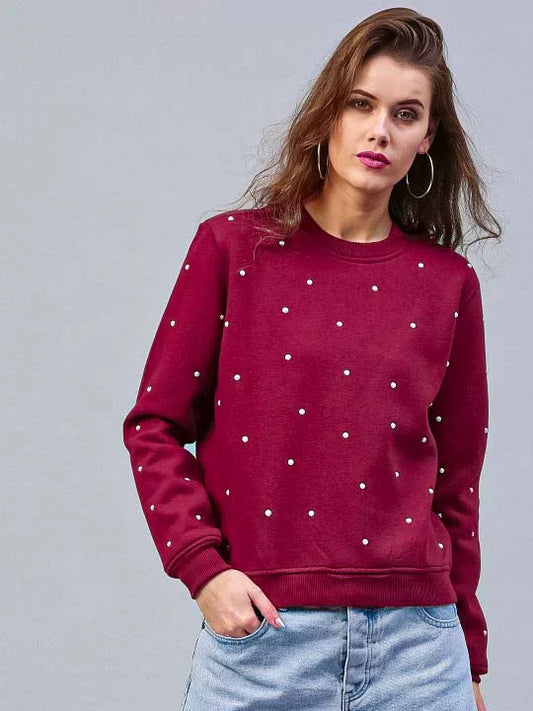 Maroon Pearls Beaded Sweatshirt For Women