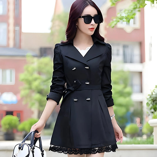 Black Women's Lace Trim Trench Coat Style Jacket