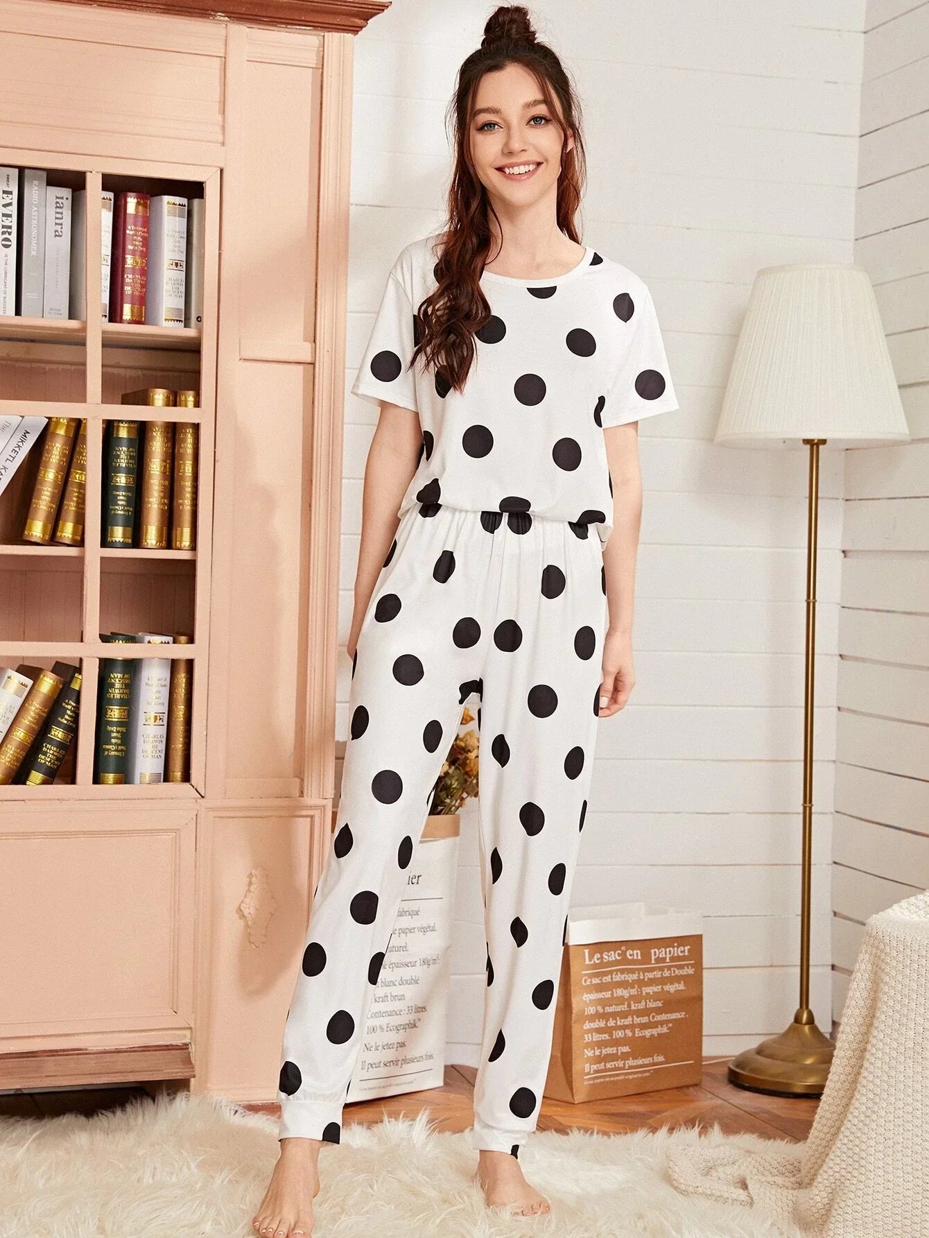 Black & White Doted Printed Night Suit Half Sleeves