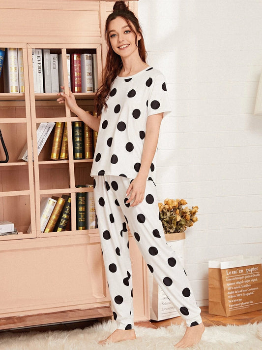 Black & White Doted Printed Night Suit Half Sleeves