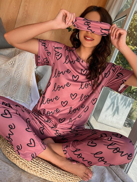 T-Pink Love Heart Printed Night Suit