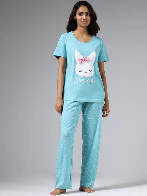 Sea Green Stay Cute Printed Night Suit