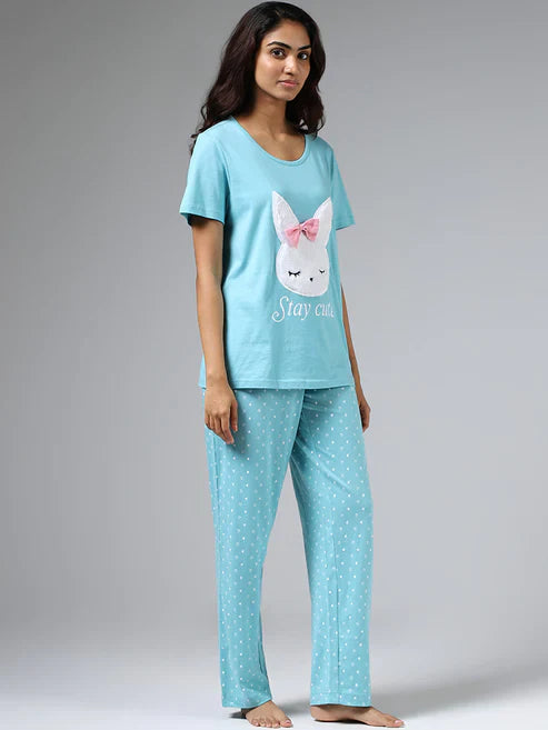 Sea Green Stay Cute Printed Night Suit