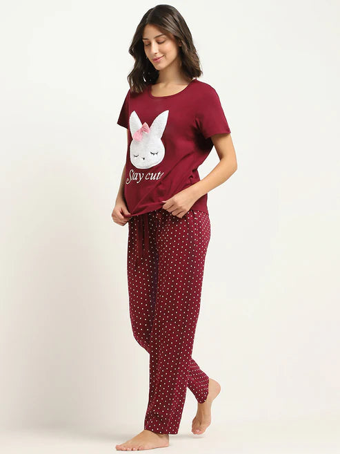 Maroon Stay Cute Printed Night Suit