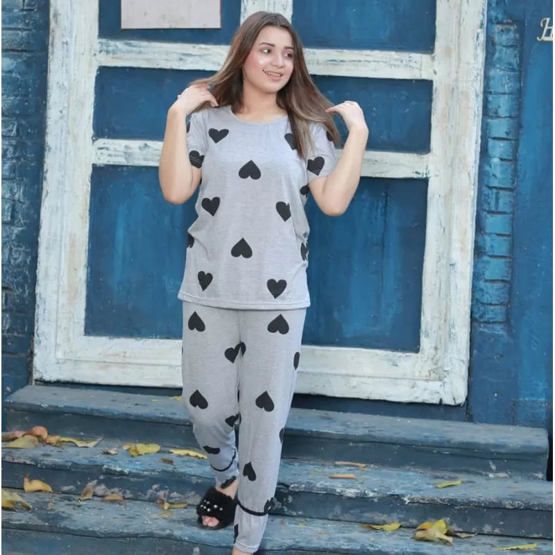 Grey Black Multi Heart Printed Night Suit