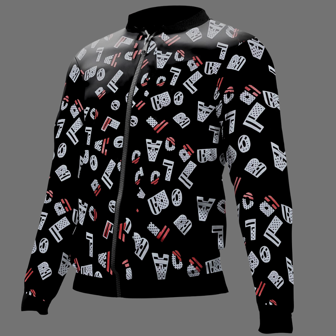 Black Alphabet Printed Zipper Jacket