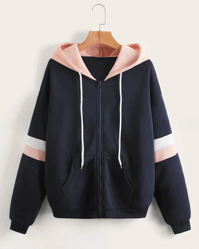 Navy Blue with Pink and White Stripes Zipper Hoodie