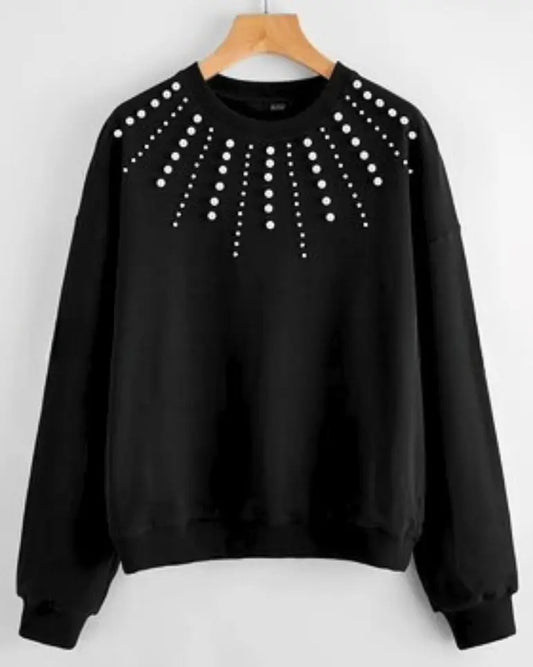 Black Stylish Pearls Beaded Sweatshirt For Women