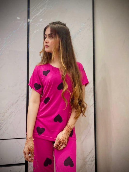 Black Multi Hearts Pink Printed  Night Suit