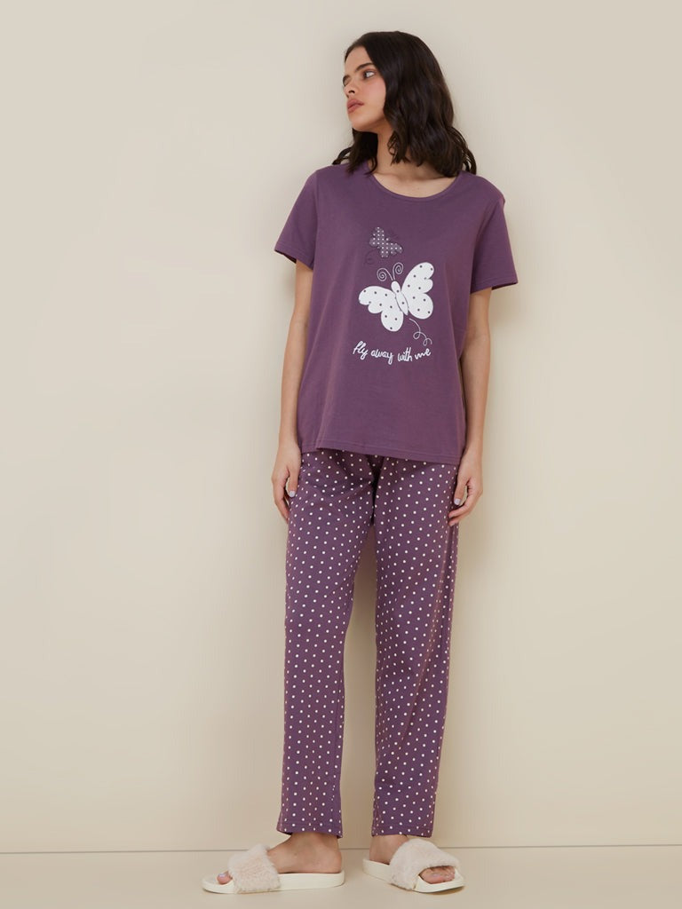 Purple Butterfly Printed Night Suit