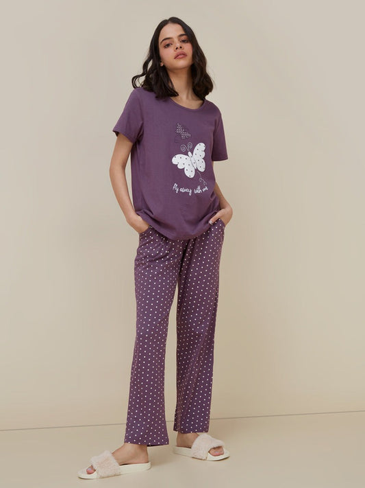 Purple Butterfly Printed Night Suit