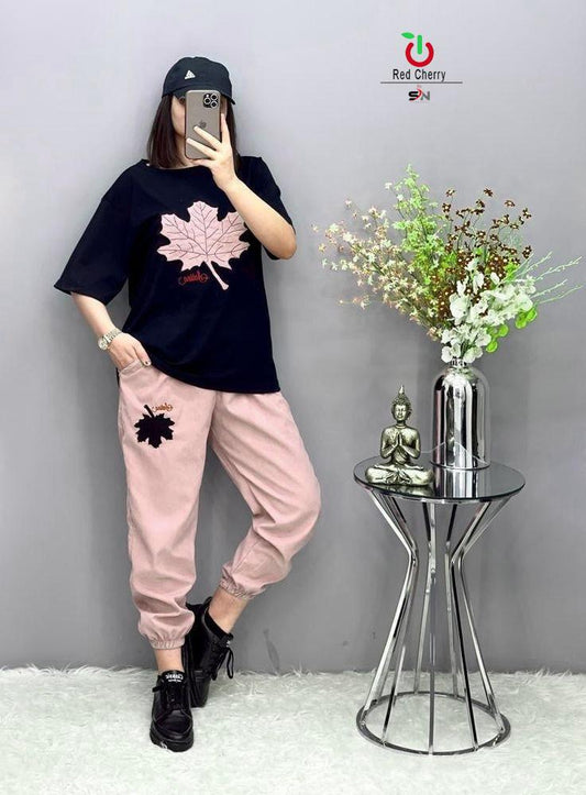 Pink Leaf in Black Tshirt and Trouser The Ultimate Dream Wear Tracksuit