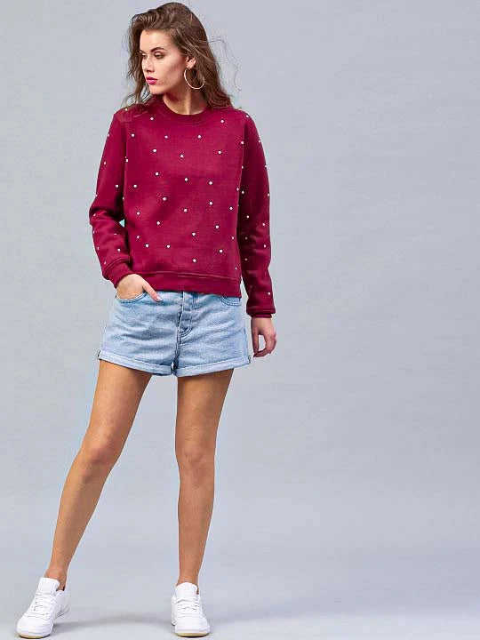 Maroon Pearls Beaded Sweatshirt For Women