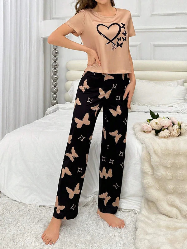 Heart & Butterfly Printed Night Suit