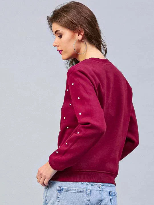 Maroon Pearls Beaded Sweatshirt For Women